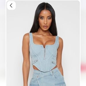 Maniere De Voir Light Blue Denim Corset Tank with Front Zip